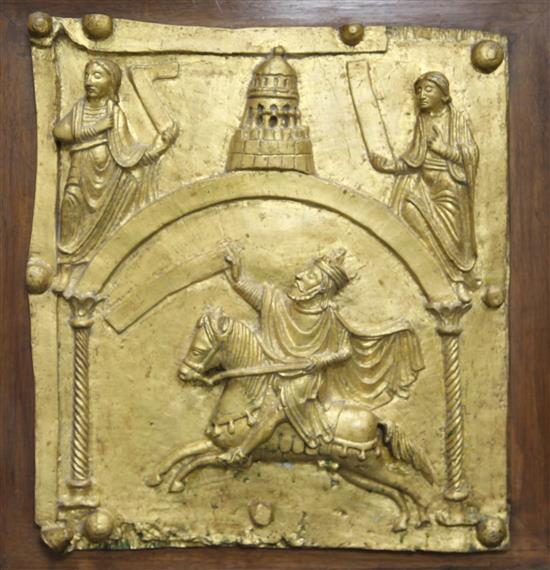 A gilt bronze casting of a medieval alabaster plaque, 21.5 x 21.5in.